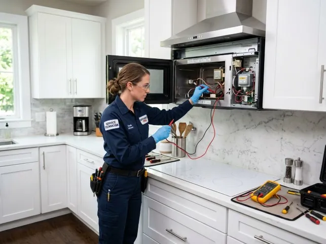 Appliance Repair Hero technician testing an over-the-range microwave in a Boys Town, NE kitchen